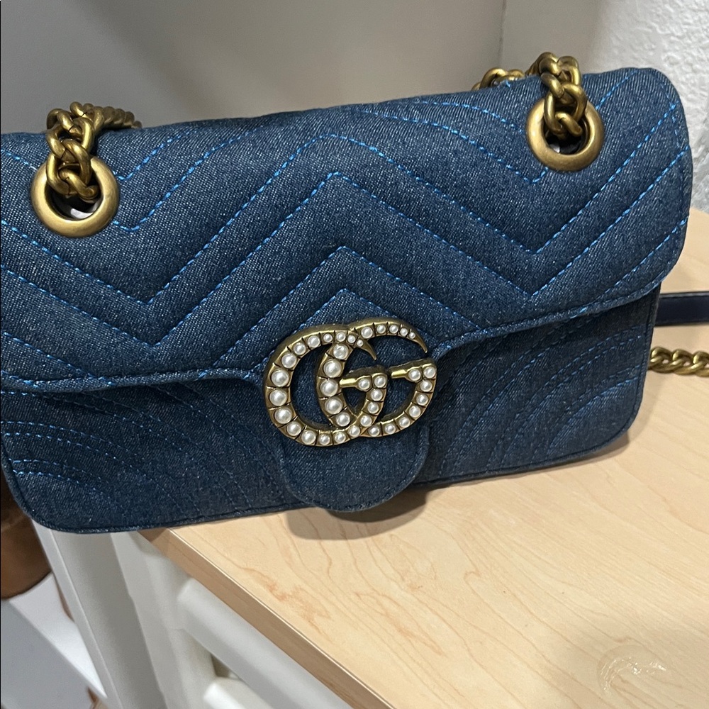 Elegant Blue Denim Bag with Gold Chain